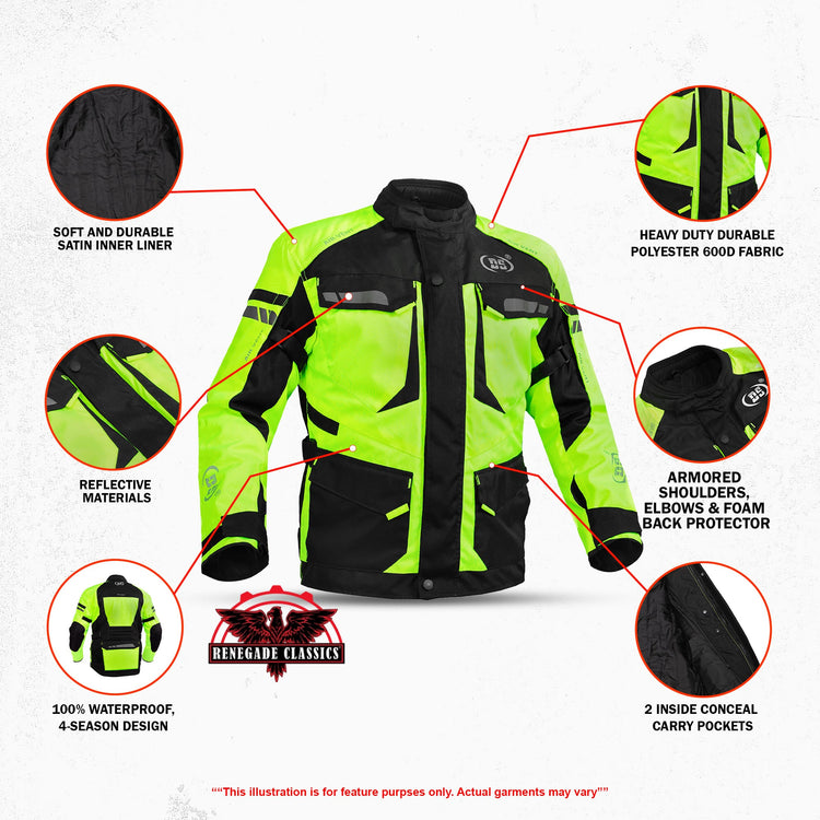 4-Season Hi-Vis Mens Textile Motorycyle Jacket Waterproof & Ventilated