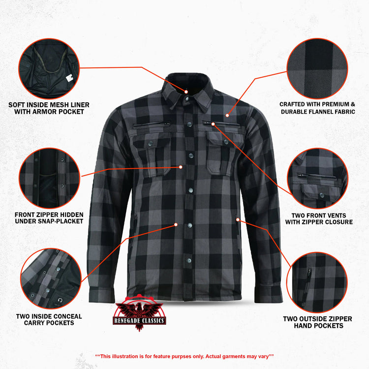 Alpha Check Men's Armored Motorcycle Flannel Shirt - Gray/Black