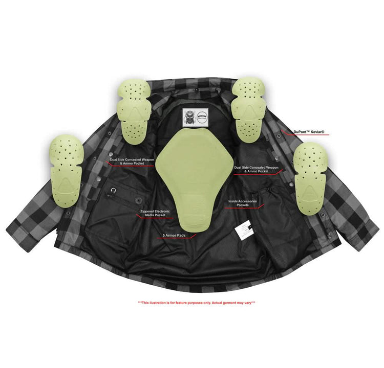 Alpha Check Men's Armored Motorcycle Flannel Shirt - Gray/Black