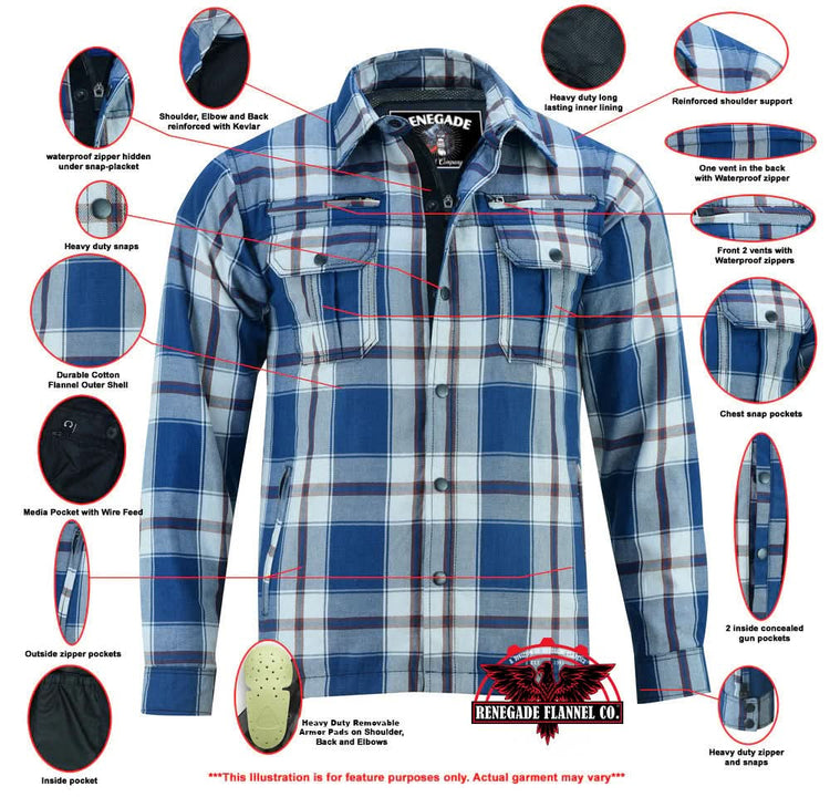 Alpha Check Men's Armored Motorcycle Flannel Shirt - Blue/White/Maroon