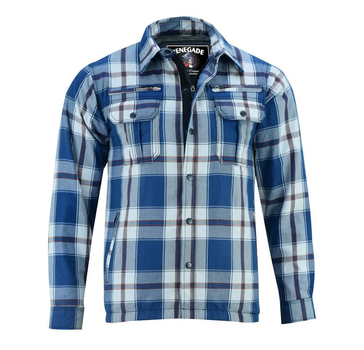 Alpha Check Men's Armored Motorcycle Flannel Shirt - Blue/White/Maroon