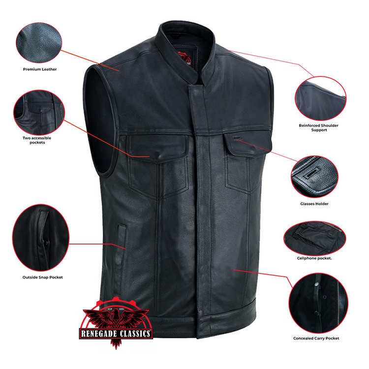 Highway Jack Men's Black Leather Motorcycle Vest Scoop Neck & Snap-Closure Pockets