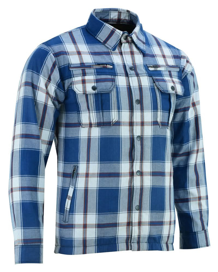 Alpha Check Men's Armored Motorcycle Flannel Shirt - Blue/White/Maroon