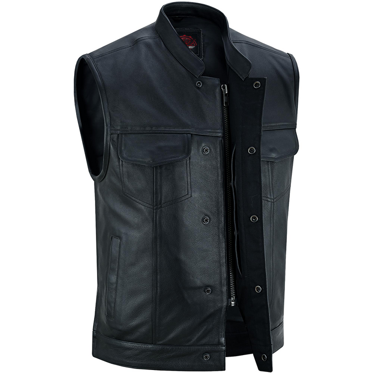 Highway Jack Men's Black Leather Motorcycle Vest Scoop Neck & Snap-Closure Pockets